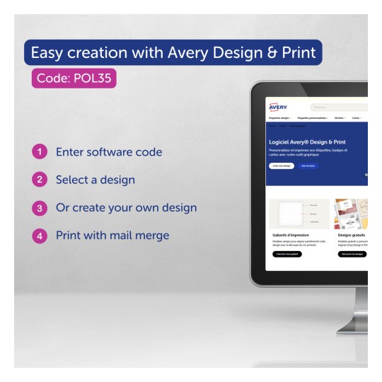 Slika prikazuje zaslon računala s uputama za korištenje Avery Design & Print. Koraci uključuju unos softverskog koda, odabir ili izradu dizajna i ispis s mail merge opcijom.