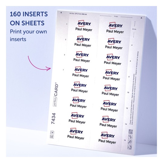 Slika prikazuje list umetaka od Averyja, s imenom 'Paul Meyer' koje se ponavlja u rasporedu mreže. List uključuje prostor za 160 umetaka i sadrži upute za ispis.?