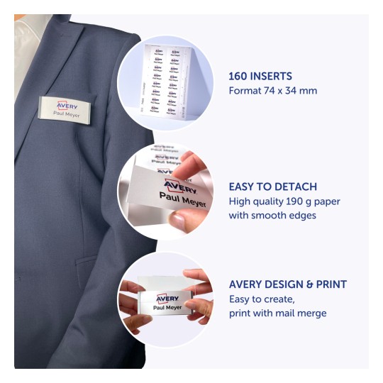 Slika prikazuje umetke za značke tvrtke Avery, s informacijama o njihovom proizvodu, uključujući 160 umetaka za držače znački, lakoću odvajanja, visokokvalitetni papir i mogućnosti dizajna s spajanjem pošte.