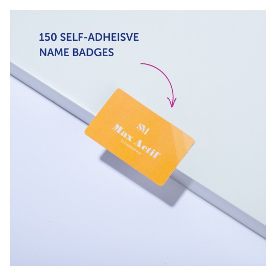 Slika prikazuje samoljepljivu oznaku s imenom u žutoj boji s imenom 'Max Actif' i brojem '150', što pokazuje da je dostupno 150 oznaka s imenom.
