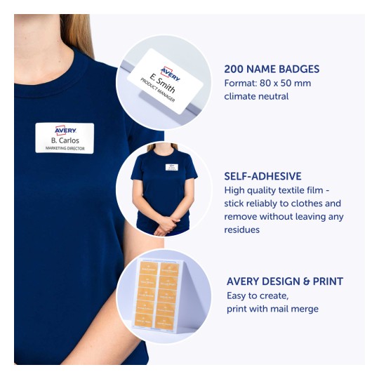 Slika prikazuje identifikacijske pločice za profesionalnu upotrebu, koje prikazuju detalje o njihovim značajkama. Uključuje osobu koja nosi plavu košulju s identifikacijskom pločicom i ističe prednosti kao što su samoljepljivost, neutralnost prema klimi i jednostavne mogućnosti dizajna i ispisa.