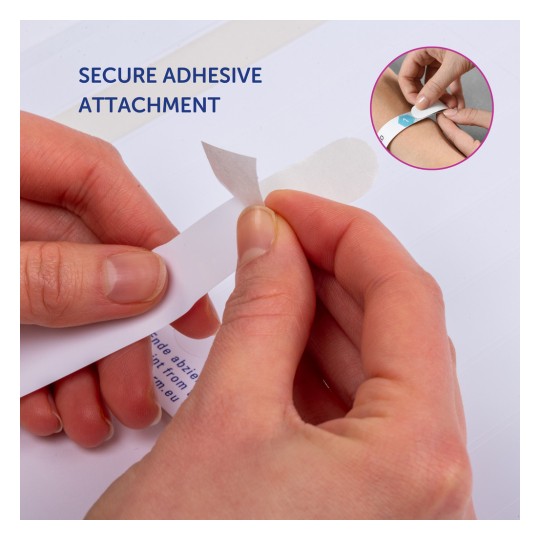 Slika prikazuje osobu koja uklanja zaštitni sloj s ljepljive trake. Tekst 'SIGURNI LJEPILNI PRIHVAT' je istaknut, sugerirajući upute za upotrebu. Dodatno, manja umetnuta slika prikazuje primjenu ljepljive trake na površinu.