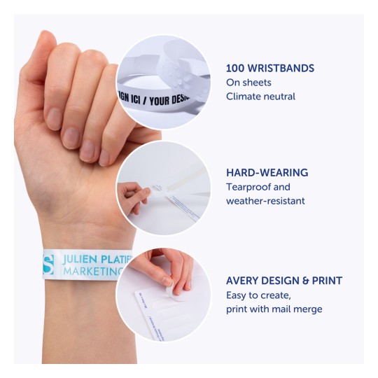 Slika prikazuje ruku sa bijelim narukvicama, uz dodatne slike i tekst koji ističu značajke poput klimatske neutralnosti, izdržljivosti i jednostavnosti dizajna za prilagođene narukvice.