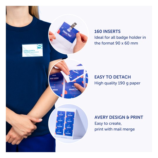 Slika prikazuje umetke za bedževe za profesionalce, ističući značajke kao što su 160 umetaka, lako odvajanje i kompatibilnost s Avery dizajnom i ispisom.