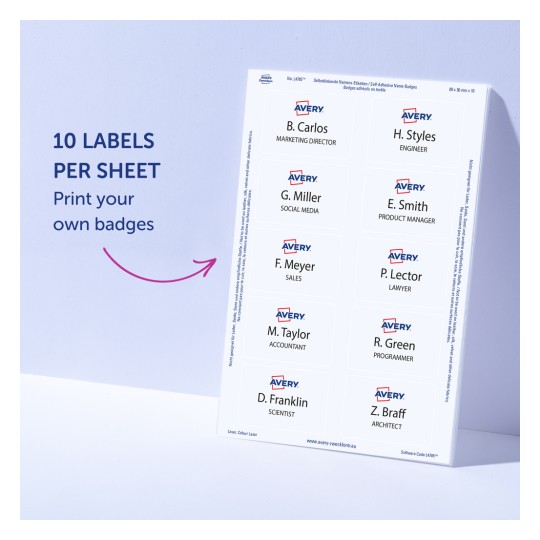 Slika prikazuje list samoljepljivih oznaka za imena od tvrtke Avery, s 10 naljepnica po listu, s imenima i radnim naslovima kao što su direktor marketinga, inženjer i znanstvenik.