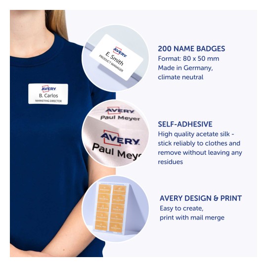 Slika prikazuje Avery oznake za imena s detaljima koji uključuju količinu, samoljepljivu značajku i jednostavnost dizajna i ispisa. Ženska osoba nosi oznaku s imenom, a prikazani su i primjeri dizajna oznaka.