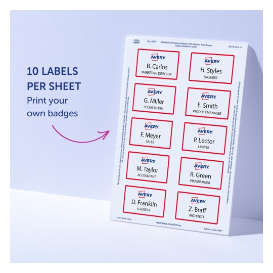 Slika prikazuje list ispisivih oznaka imena s etiketama za različite uloge poput Direktora marketinga, Inženjera, Društvenih mreža, Produkt menadžera i više. Dizajn uključuje logotip tvrtke i upute za ispis.