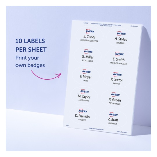 Slika prikazuje list samoljepljivih identifikacijskih oznaka tvrtke Avery, s deset naljepnica s imenima i nazivima poslova raspoređenih u dva stupca. Tekst s lijeve strane ističe da ima 10 naljepnica po listu i potiče korisnike da ispišu svoje vlastite oznake.