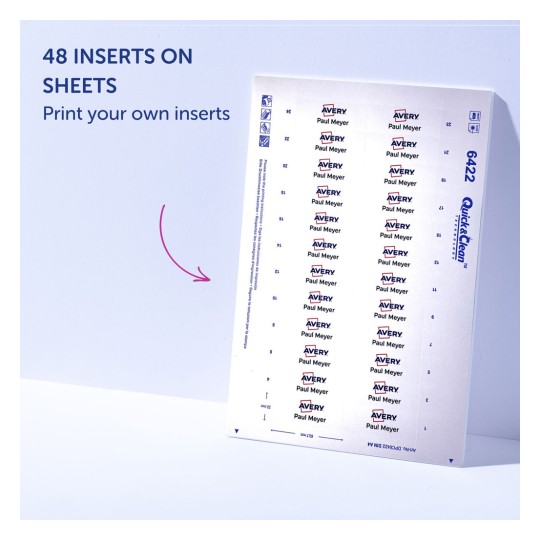 Slika prikazuje list s 48 umetnutih naljepnica od Averyja, označenih s 'Paul Meyer'. Ističe da možete ispisati vlastite umetke.