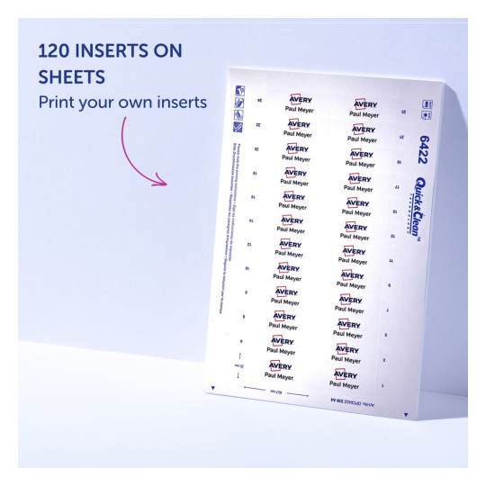 Slika prikazuje list umetnih naljepnica marke Avery, dizajniran za ispis prilagođenih umetaka. Navodi se da ima 120 umetaka po listu i uključuje ime 'Paul Meyer'.