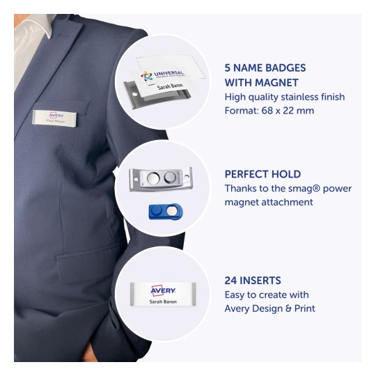 Slika prikazuje osobu koja nosi sako s imenskom oznakom. Uključuje detalje o imenskim oznakama s magnetskim pričvršćivanjem, prikazujući razne značajke kao što su broj oznaka, opcije umetanja i jačina magneta.