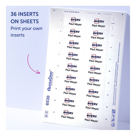 Slika prikazuje list umetaka za naljepnice koje se mogu ispisati, dizajniran za prilagođeno ispisivanje. Prikazuje 36 umetaka, od kojih svaki ima ispisan tekst 'Paul Meyer' uz logo 'Avery'. Dizajn pokazuje da je kompatibilan s Quick & Clean tehnologijom.