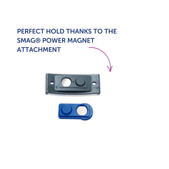 Slika prikazuje dvije plastične komponente: veći crni nastavak i manji plavi, označen kao SMAG® Power Magnet Attachment. U tekstu se ističe da pruža savršeno držanje.