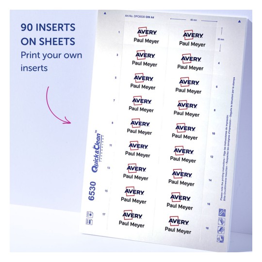Slika prikazuje list Avery umetaka označenih s 'Paul Meyer' s ukupno 90 umetaka raspoređenih u redovima i stupcima. Naznačuje šifru proizvoda DPC6530 DIN A4 i predlaže ispis vlastitih umetaka.