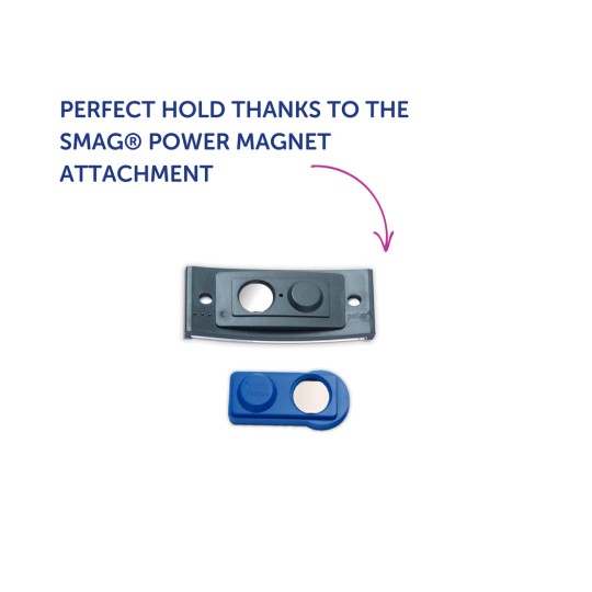Slika prikazuje dva magnetska privjeska za snagu, jedan veći crni privjesak na vrhu i manji plavi ispod, s natpisom koji ističe prednost savršenog držanja koje pruža SMAG® magnetski privjesak za snagu.
