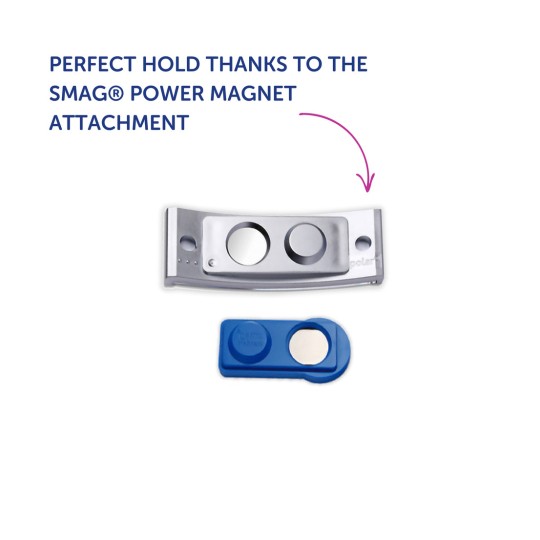 Slika prikazuje dva magnetska dodatka, uključujući srebrni i plavi, s tekstom koji ukazuje na njihovu upotrebu za postizanje savršenog držanja.