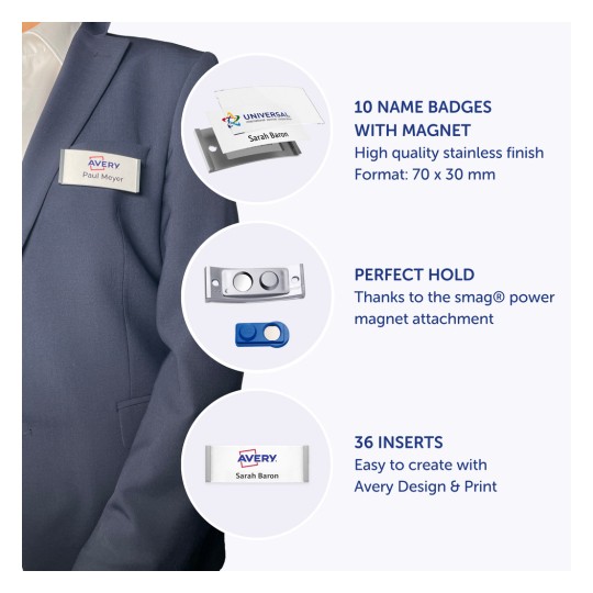 Slika prikazuje pločice s imenima, ističući značajke kao što su nehrđajući završni sloj, magnetski pričvršćivač i jednostavne umetke. Prikazani su različiti dijelovi povezani s pločicama, uključujući pločicu s imenom, magnetski pričvršćivač i opcije umetaka.