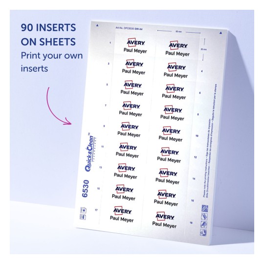 Slika prikazuje list Avery umetaka s naljepnicama s imenom 'Paul Meyer.' Na listu se nalazi ukupno 90 umetaka, organiziranih u redove i stupce, s napomenom koja ukazuje na mogućnost ispisa vlastitih umetaka.