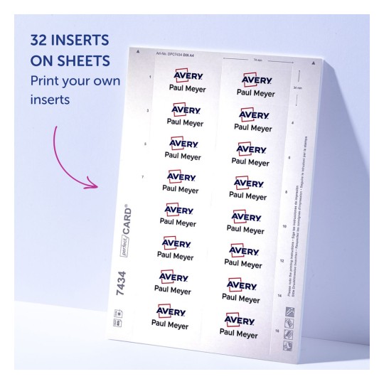 Slika prikazuje list umetaka za ispis marke Avery, s 32 mjesta za umetke na kojima je ispisano ime 'Paul Meyer'. Izgled je strukturiran i uključuje upute za ispis.