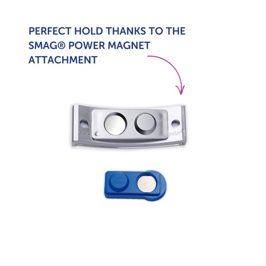 Slika prikazuje privitak SMAG® Power Magnet, koji se sastoji od srebrnog magnetskog dijela i plavog magnetskog privitka, s tekstom koji naglašava savršenu funkcionalnost držanja.