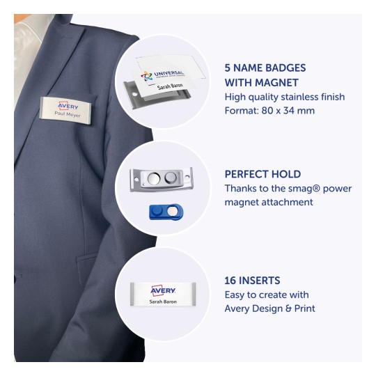 Slika prikazuje značke s imenima s visokokvalitetnim završetkom od nehrđajućeg čelika. Ističe pet znački s imenima s magnetskim pričvršćivanjem, funkcijom savršenog držanja i šesnaest umetaka koji se mogu prilagoditi koristeći Avery Design & Print.