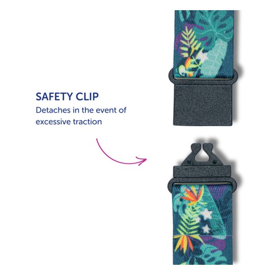 Slika prikazuje sigurnosnu kopču s dizajnom šarene trake. Oznaka objašnjava da se sigurnosna kopča odvaja pod prekomjernim opterećenjem, osiguravajući sigurnost.