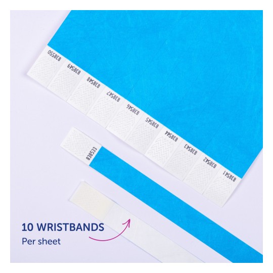 Slika prikazuje plavi list koji sadrži nekoliko numeriranih narukvica koje se mogu izrezati. Navedeno je da na listu ima 10 narukvica.