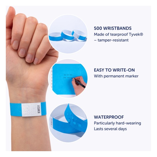 Slika prikazuje plave narukvice izrađene od nepropusnog Tyveka, ističući značajke kao što su vodootporni materijal, jednostavno pisanje trajnim markerom te velika količina od 500 narukvica.