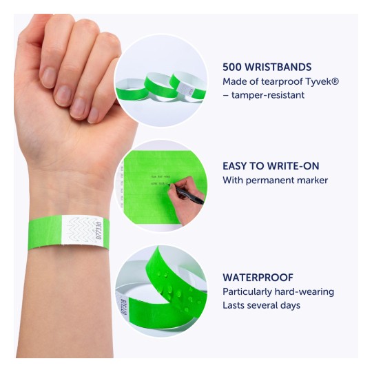 Slika prikazuje zelene narukvice napravljene od nerazdrapivog Tyveka, koje prikazuju njihove karakteristike uključujući otpornost na neovlašteno skidanje, lakoću pisanja i vodootpornost. Istaknuta je ruka koja nosi jednu od narukvica, a dodatni vizuali prikazuju narukvice i osobu koja piše po zelenoj površini.