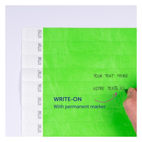 Slika prikazuje zelene naljepnice za pisanje dizajnirane za korištenje s trajnim markerima. Imaju prostor za rukom pisani tekst i rub s valovitim uzorkom.