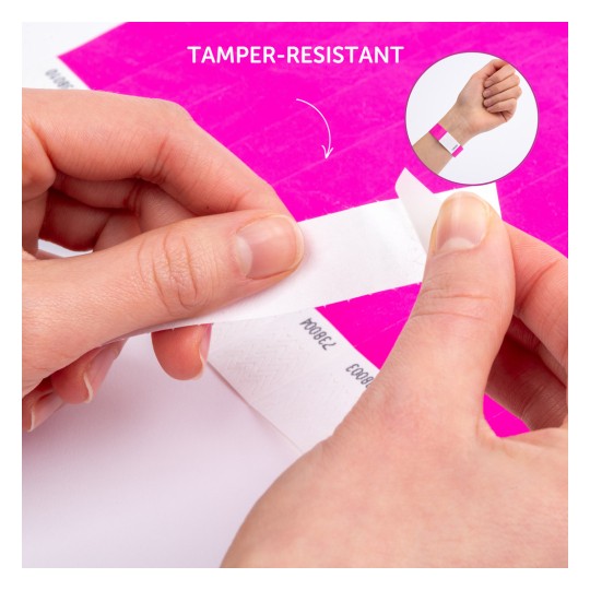 Slika prikazuje ruke osobe kako skidaju sigurnosnu narukvicu s lista. Pozadina je svijetloružičasta, a manji umetnuti dio prikazuje narukvicu stavljenu na zapešće.