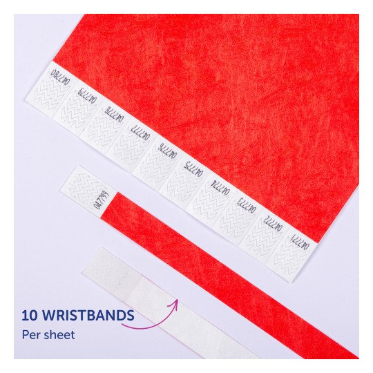 Slika prikazuje list narukvica u crvenoj boji s 10 vidljivih pojedinačnih narukvica, od kojih je svaka označena jedinstvenim identifikatorima. Prikazan je dio narukvica koji je odljušten.