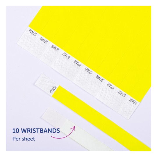 Slika prikazuje list žutih narukvica s dijelom za naljepnice. Na listu se nalazi deset narukvica, neke su odvojene i leže pored lista.