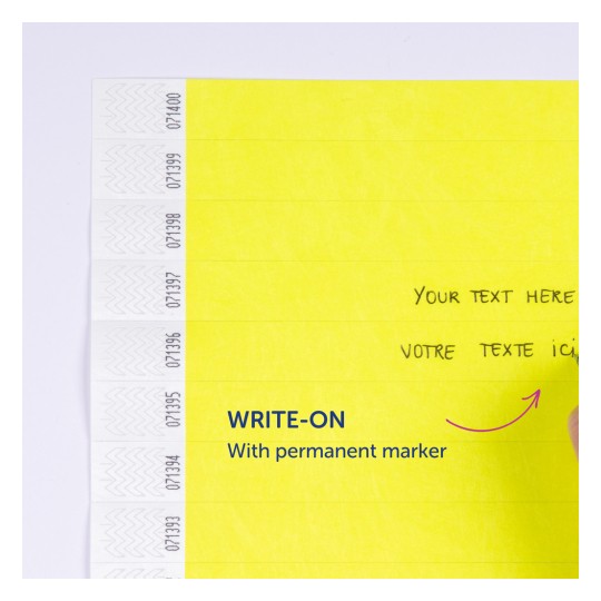 Slika prikazuje svijetlo žutu stranicu s uputama da na nju pišete trajnim markerom. Postoje prostori za tekst, uključujući 'Your text here' na engleskom i 'Votre texte ici' na francuskom.