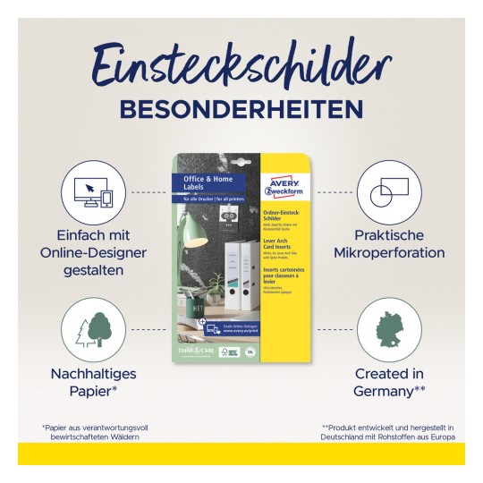 Slika prikazuje pakiranje proizvoda za Avery Zweckform Office & Home naljepnice. Ističe značajke kao što su mogućnosti online dizajna, mikro-perforacija i uporaba održivog papira. Dizajn uključuje vizualne ikone i tekst na njemačkom jeziku, usmjeren na organizaciju ureda i korištenje naljepnica.
