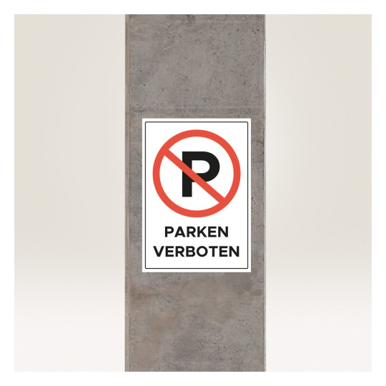 Slika prikazuje znak "Zabranjeno parkiranje" na njemačkom jeziku, na kojem piše "Parken Verboten", s crvenim krugom i dijagonalnom crtom koja precrtava slovo 'P'. Znak je postavljen na betonsku površinu.