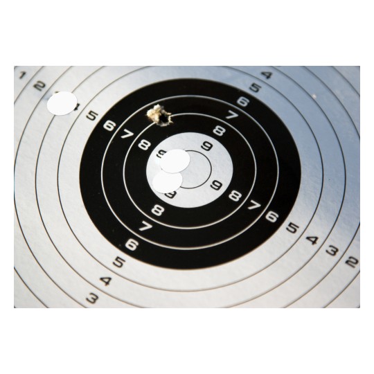 Slika prikazuje metu za pucanje s nekoliko rupa koje pokazuju gdje su ispucani hici. Meta sadrži koncentrične krugove numerirane od 1 do 10, s najvećim brojem u središtu, pokazujući skupinu hitaca u blizini središta.