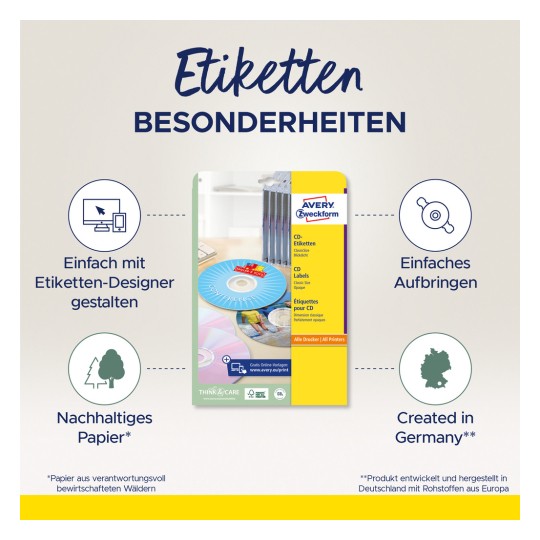 Slika prikazuje pakiranje proizvoda za Avery CD etikete, ističe značajke poput jednostavnog dizajna s online alatom, održivog papira i da je proizvedeno u Njemačkoj.