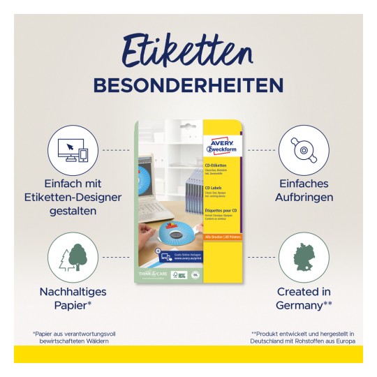 Slika prikazuje paket Avery CD naljepnica, ističući značajke kao što su jednostavno dizajniranje s dizajnerom naljepnica, uporaba održivog papira te činjenica da je proizvod proizveden u Njemačkoj.