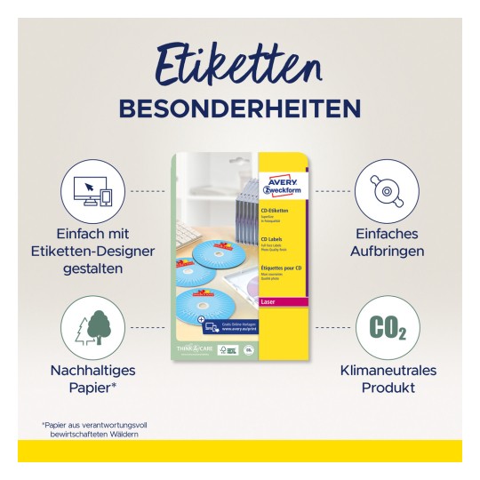 Slika prikazuje CD naljepnice tvrtke Avery Zweckform s naglaskom na jednostavnost dizajniranja, primjene, održivi papir i klimatsku neutralnost.