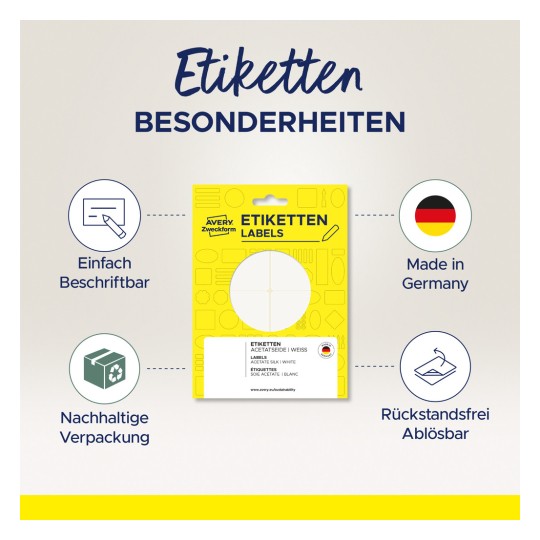 Slika prikazuje ambalažu proizvoda za Avery Zweckform etikete. Ističe ključne karakteristike kao što su jednostavno etiketiranje, proizvedeno u Njemačkoj, održiva ambalaža i uklonjive etikete, s vizualnim ikonama koje predstavljaju svaku karakteristiku.