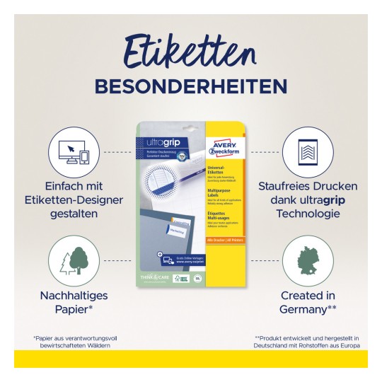 Slika prikazuje ambalažu proizvoda za Avery Zweckform naljepnice, ističući karakteristike kao što su jednostavan dizajn, ultra grip tehnologija i održivost. Naglašava se da je proizvod proizveden u Njemačkoj i prikladan za sve pisače.