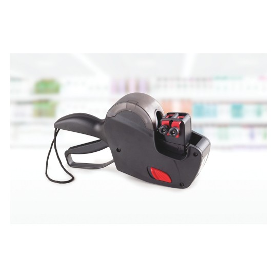 Slika prikazuje pištolj za cijene, uređaj za označavanje koji se koristi za označavanje proizvoda u trgovinama. Ima ručku i mehanizam za jednostavno i učinkovito izdavanje naljepnica s cijenama.