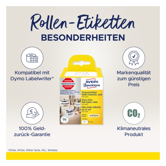 Slika prikazuje kutiju s rolama naljepnica kompatibilnih s Dymo LabelWriter-om. Istaknute su značajke proizvoda, uključujući visoku kvalitetu, trajne naljepnice, jamstvo povrata novca i ekološke certifikate.