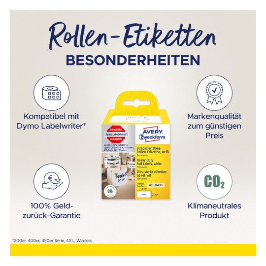 Slika prikazuje pakiranje Avery Zweckform rolnih etiketa, ističući značajke kao što su kompatibilnost s Dymo LabelWriter uređajem, jamstvo povrata novca, kvalitetu po niskoj cijeni i status klimatske neutralnosti.