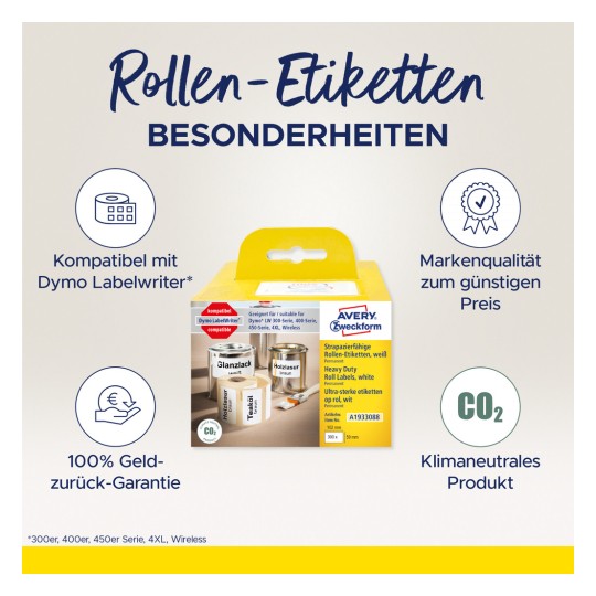 Slika prikazuje pakiranje Avery Zweckform rolnih naljepnica, ističući kompatibilnost s Dymo pisačima naljepnica, osiguranje kvalitete po povoljnoj cijeni i ekološke detalje proizvoda.