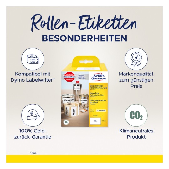 Slika prikazuje ambalažu za Avery naljepnice u rolama, ističući njihovu kompatibilnost s Dymo Labelwriterom i značajke kao što su izdržljive naljepnice, jamstvo povrata novca i proizvod koji je klimatski neutralan.