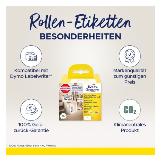 Slika prikazuje pakiranje Avery Zweckform rola naljepnica, ističući njihovu kompatibilnost s Dymo LabelWriterom, jamstva kvalitete i ekološke značajke, uključujući CO2 neutralnost.