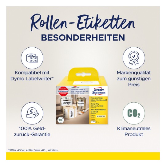 Slika prikazuje ambalažu za Avery Zweckform rolice s etiketama, dizajnirane za upotrebu s Dymo Labelwriters uređajima. Naglašava kompatibilnost, kvalitetu po konkurentnoj cijeni, povrat novca te ekološke aspekte.