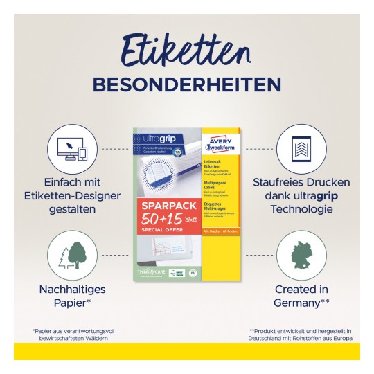 Slika prikazuje paket proizvoda za Avery Zweckform naljepnice, oglašavajući značajke poput jednostavnog dizajna s dizajnerom naljepnica, ultra grip tehnologiju za ispis bez zaglavljivanja te održivi papir, istaknuto posebnim ponudom od 50+15 listova. Također se spominje da je proizvod izrađen u Njemačkoj.